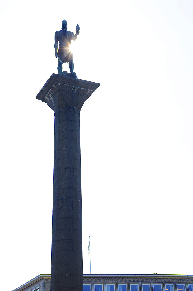 Backlit statue of Olav Tryggvason in Trondheim, Trondelag,  Norway, Scandinavia, Europe