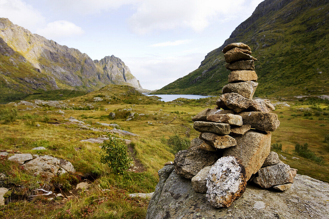 Cairn as a track marker in the mountains, Lofoten,  Norway, Scandinavia, Europe