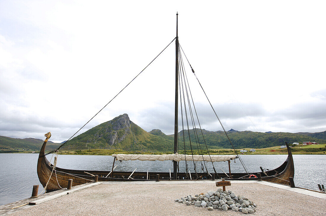 Viking ship on a lake, viking museum, Borge, Lofoten, Norway, Scandinavia, Europe