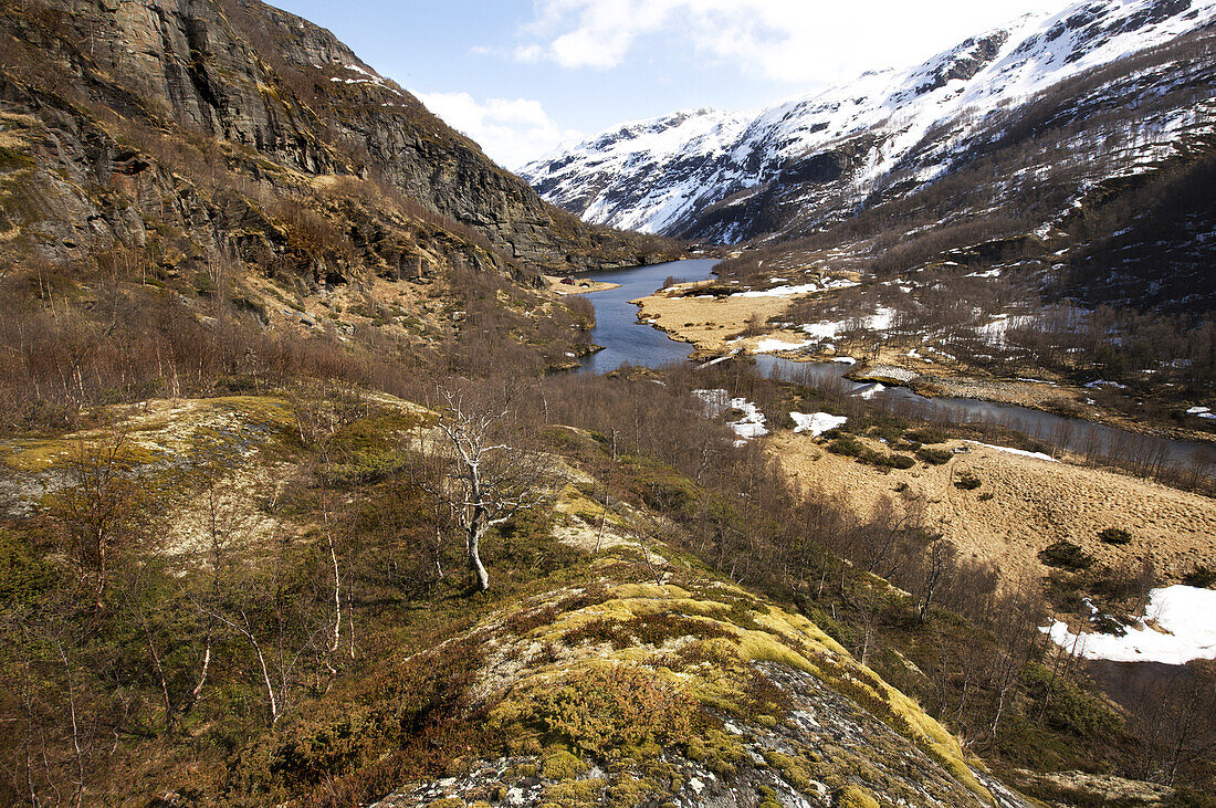 Berglandschaft mit Fluss im Aurlandsdalen, Sogn og Fjordane, Westnorwegen, Norwegen, Skandinavien, Europa