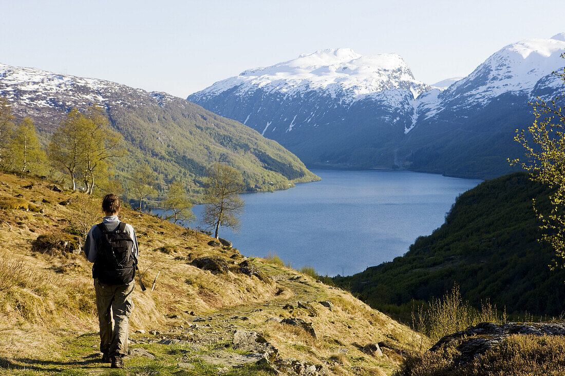 Young woman hiking on the Roldalsfjell looking to the Roldalsvatnet, Roldal, Hordaland, Norway, Scandinavia, Europe