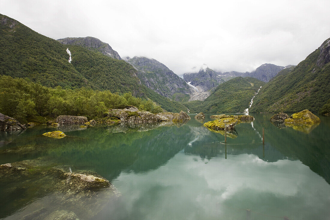 View at the glacier Bonhusbrea with the green sea Bondhusvatnet in the foreground, Sunndal, Folgefonn peninsula, Kvinnherad, Hordaland, Norway, Scandinavia, Europe