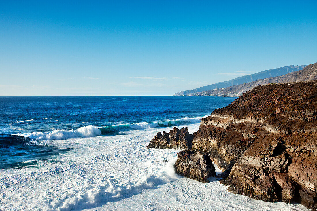 Ocean and rocky coastline in the sunlight, Las Indias, Fuencaliente, La Palma, Canary Islands, Spain, Europe