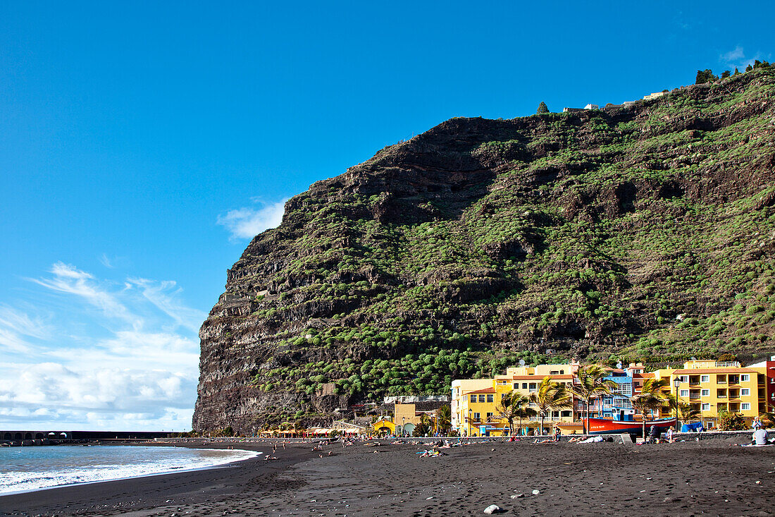 View at rocky coast and the houses of Puerto Tazacorte, La Palma, Canary Islands, Spain, Europe