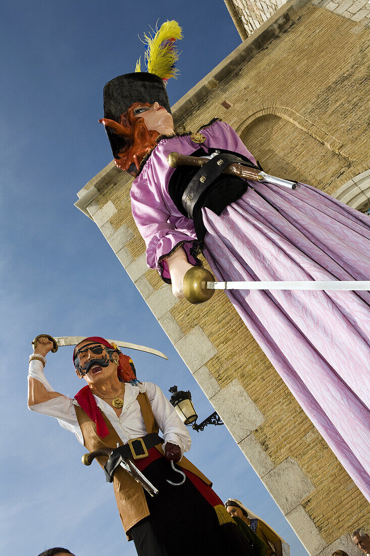 Large figurines at a procession in the city, Festival of Santa Tecla, Sitges, Catalonia, Spain, Europe