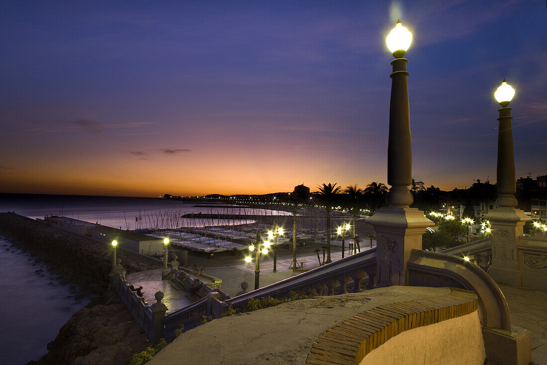 Stairs in front of the Cathedral La Punta in the evening, Sitges, Catalonia, Spain, Europe