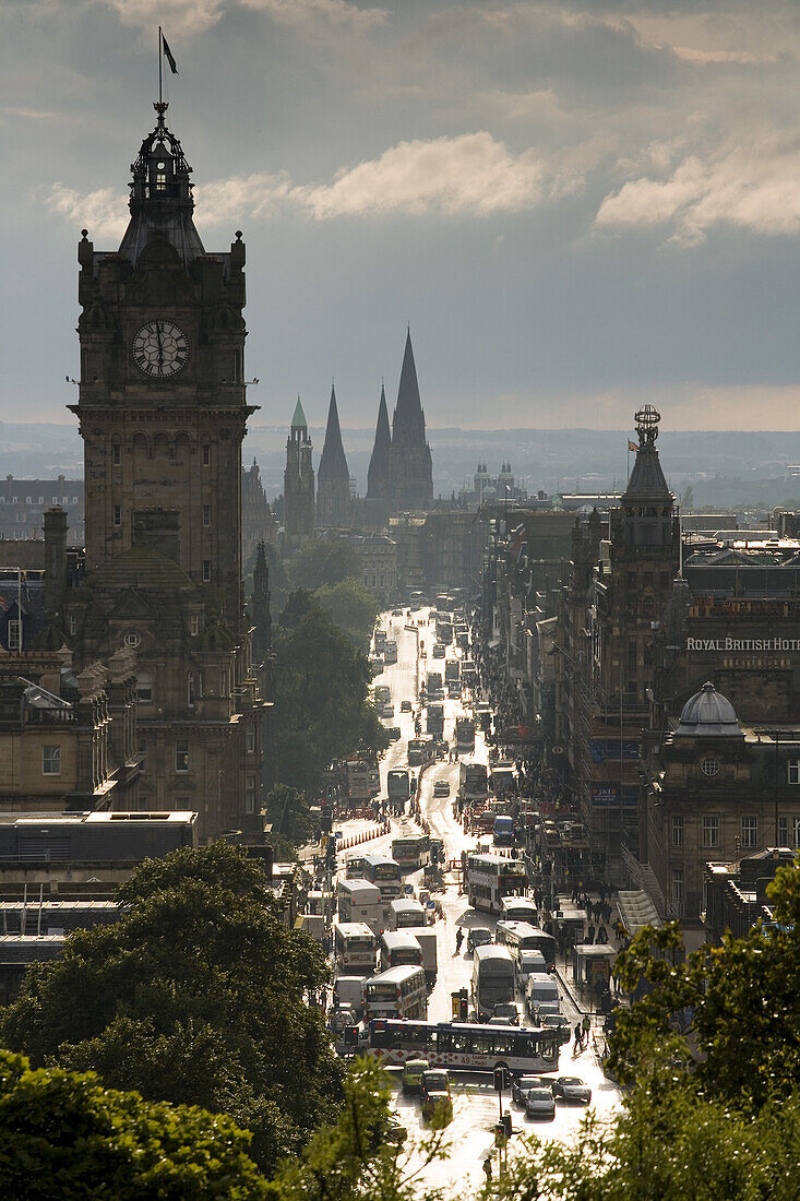 View from Calton Hill towards Princes Street, the clock tower is part of the Balmoral Hotel, Edinburgh, Scotland, Europe