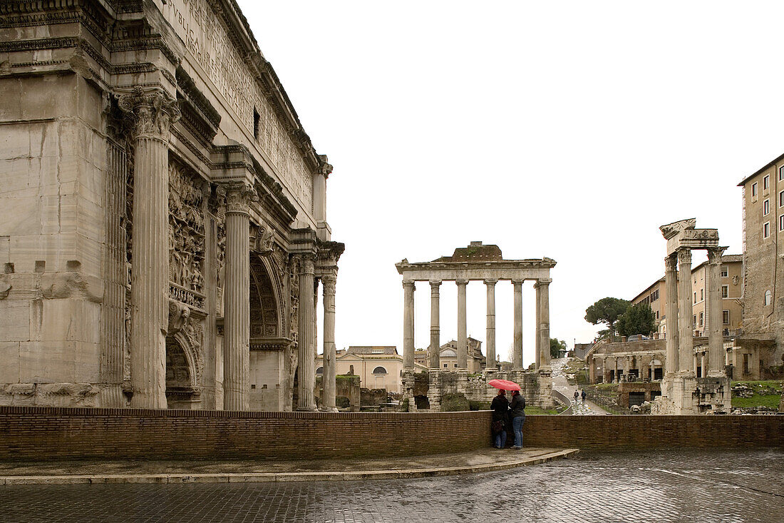 Temple of Saturn and Arch of Septimus Serverus, Roman Forum, Rome, Italy, Europe
