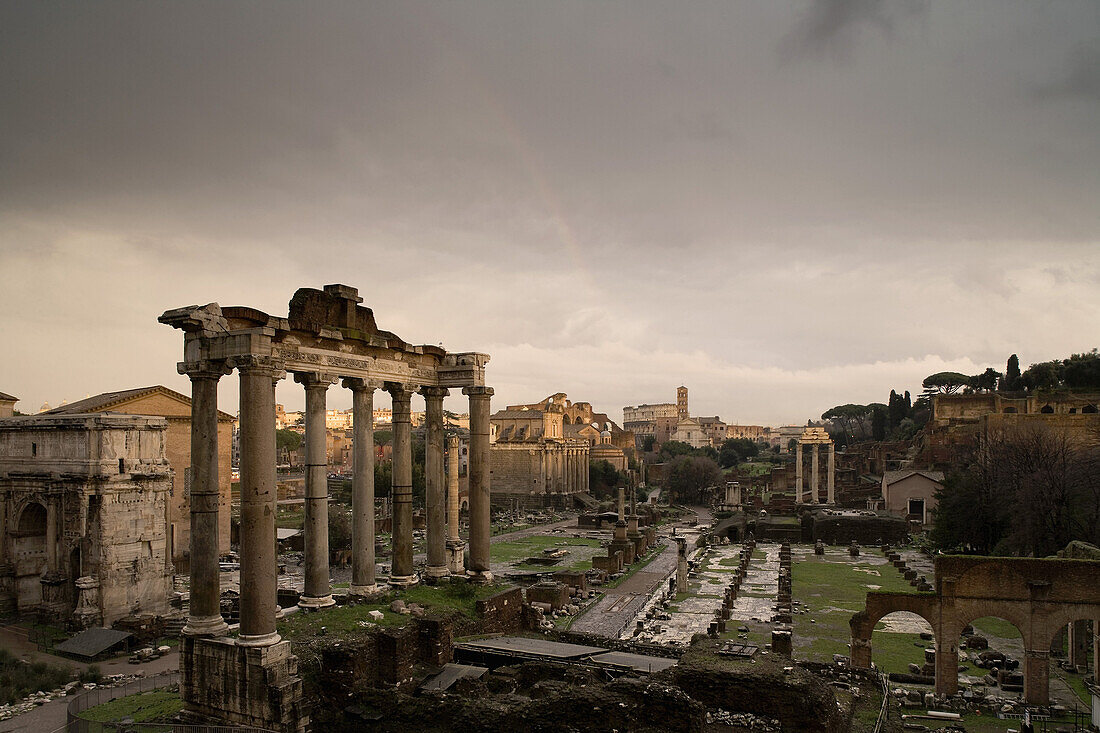 View from Piazza del Campidoglio towards the Temple of Saturn and Arch of Septimius Severus, Roman Forum, Rome, Italy, Europe