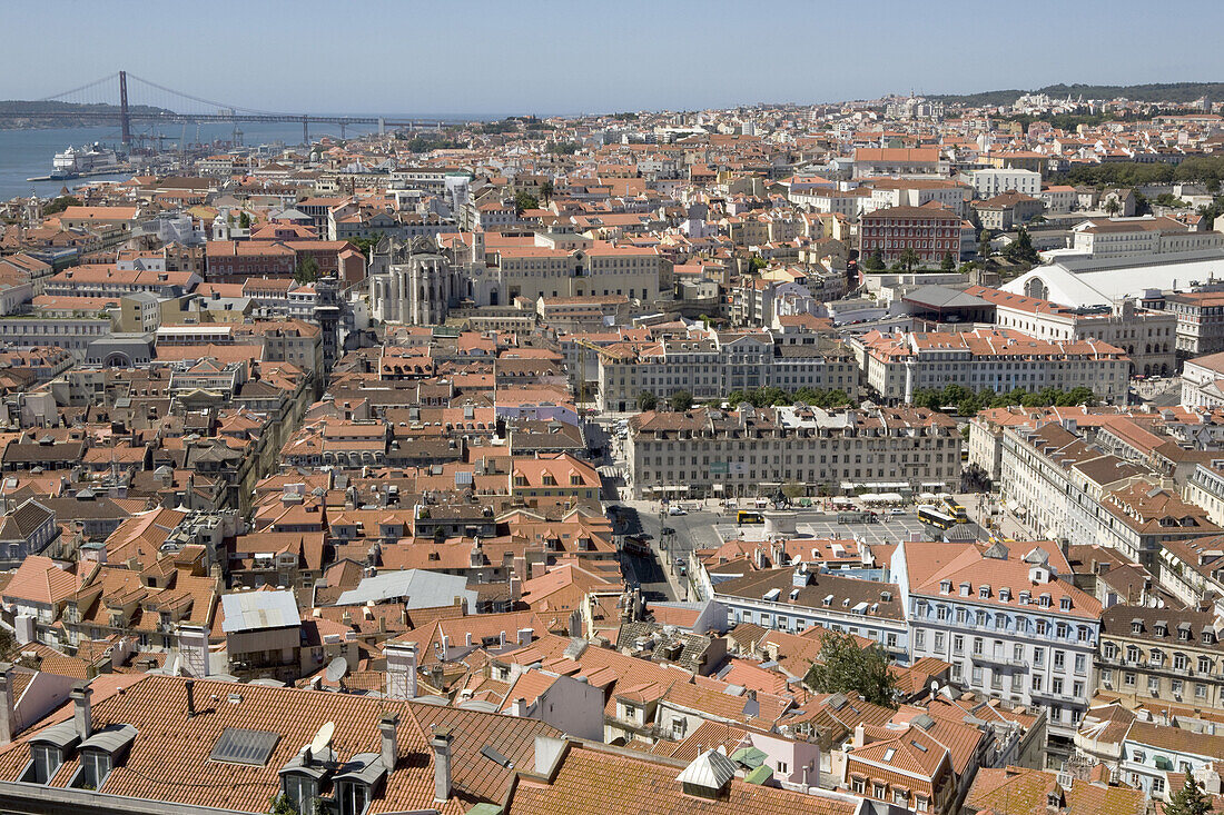 View towards the old Baiya city center and the river Tejo, Lisbon, Portugal