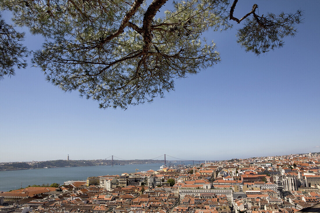 View towards the old Baiya city center and the river Tejo, Lisbon, Portugal