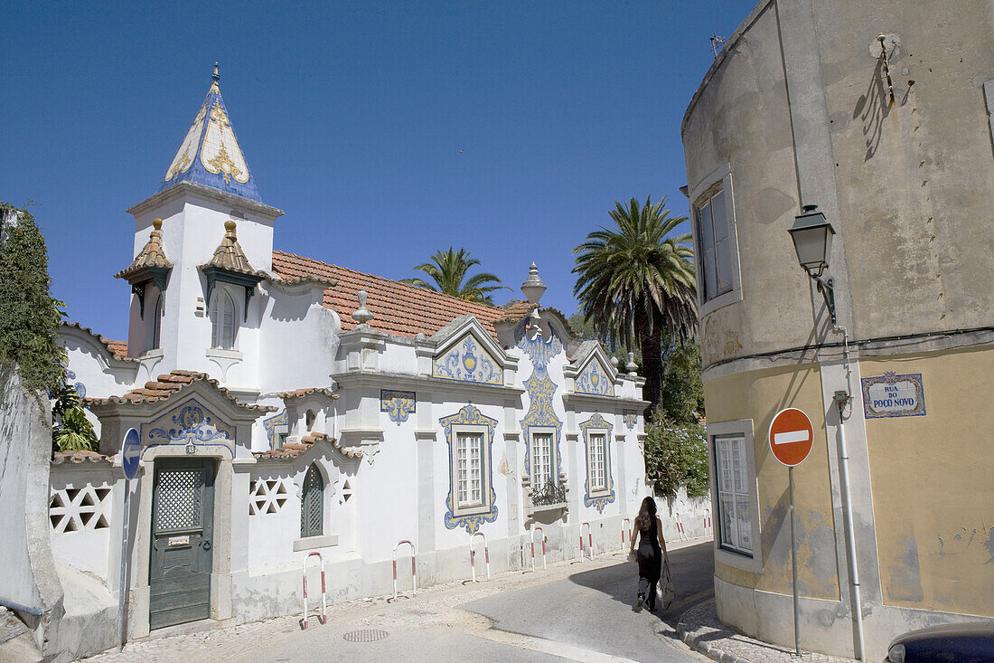 House in typical architectural style with tile ornaments in Cascais near Lisbon, Portugal