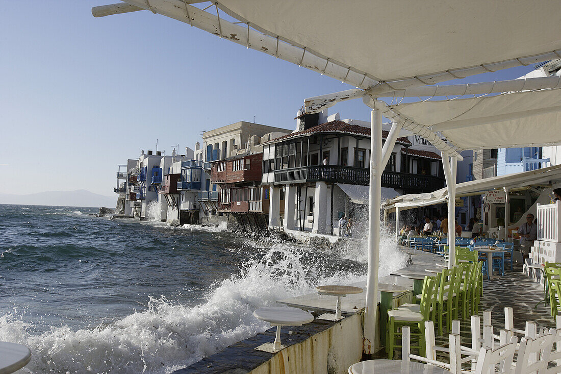 Houses on the waterfront in the sunlight, Little Venice, Mykonos Town, Greece, Europe