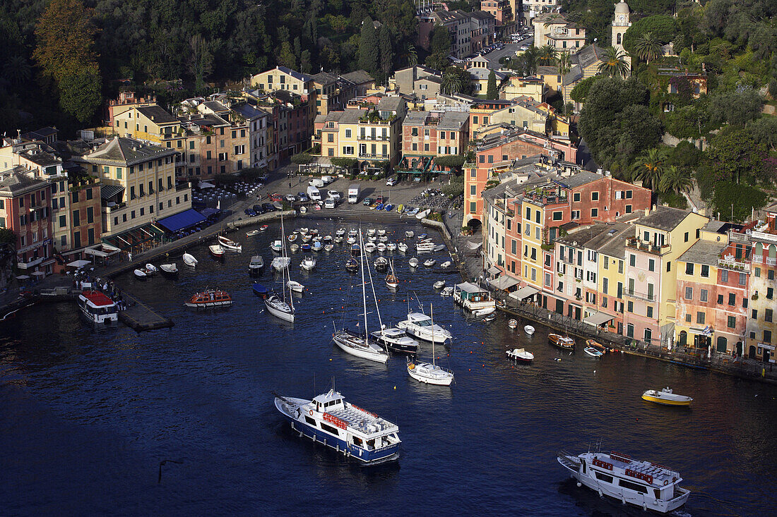 View at boats at harbour, Portofino, Liguria, Italy, Europe