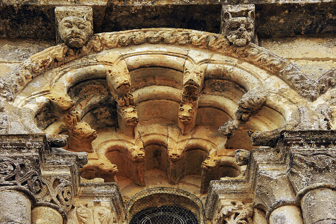 Detail of façade of church in Saintonge Romanesque style  12th century) at Petit Palais, Gironde, Aquitaine, France