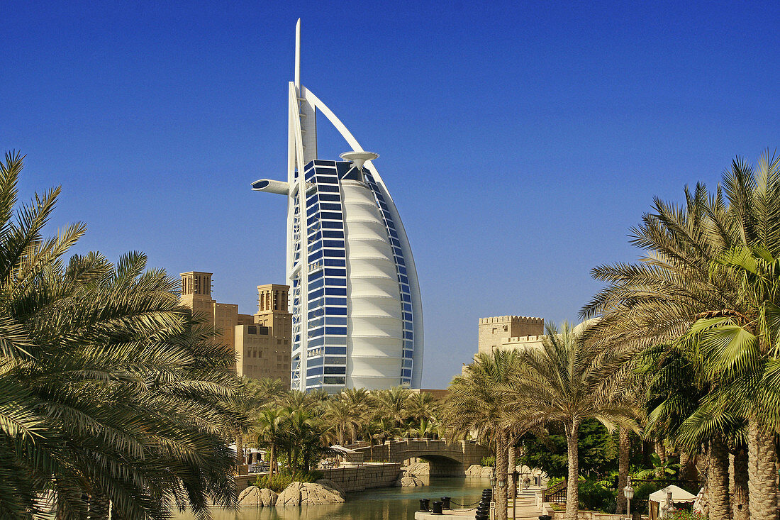 Burj Al Arab hotel from Madinat Jumeirah resort, Dubai, UAE  United Arab Emirates)