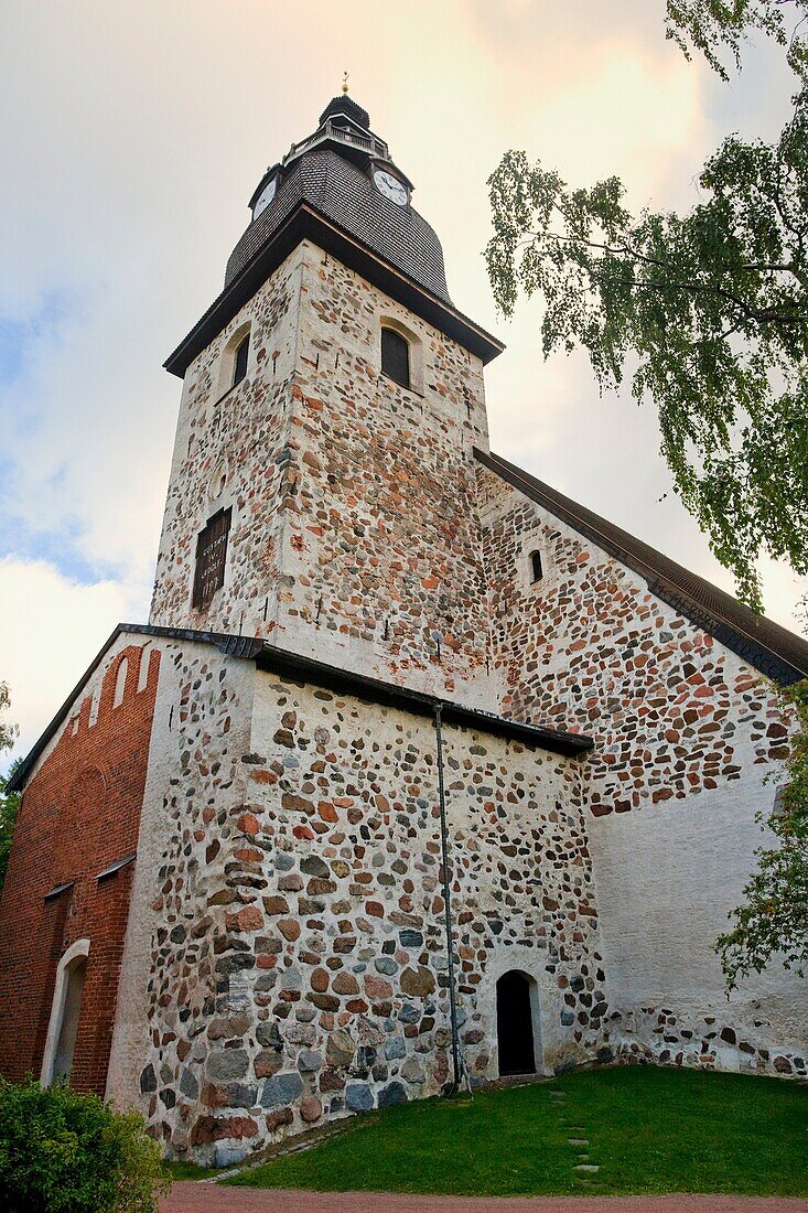Finland, Western Finland, Naantali, view of the baroque style belfry of Loustarikirkko, the mediaeval convent church