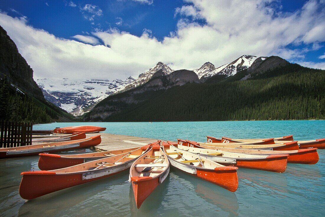 Banff, Alberta, Canada Canadian Rockies, canoes on Lake Louise