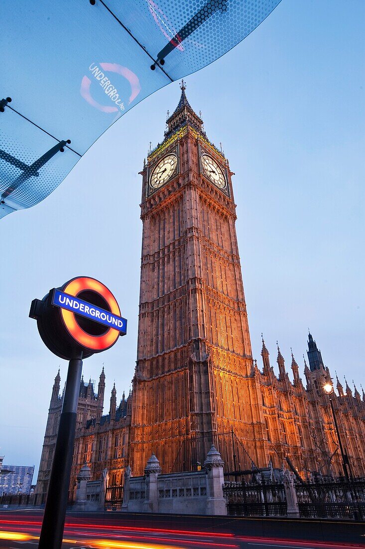 Underground sign & Big Ben, Westminster, London, UK