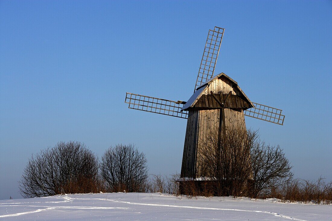 Russia,Pskov Region,Pushkinskie Gory,Mikhailovskoye,Domain of Alexander Pushkin family ,Windmill,Sorot River,winter landscape