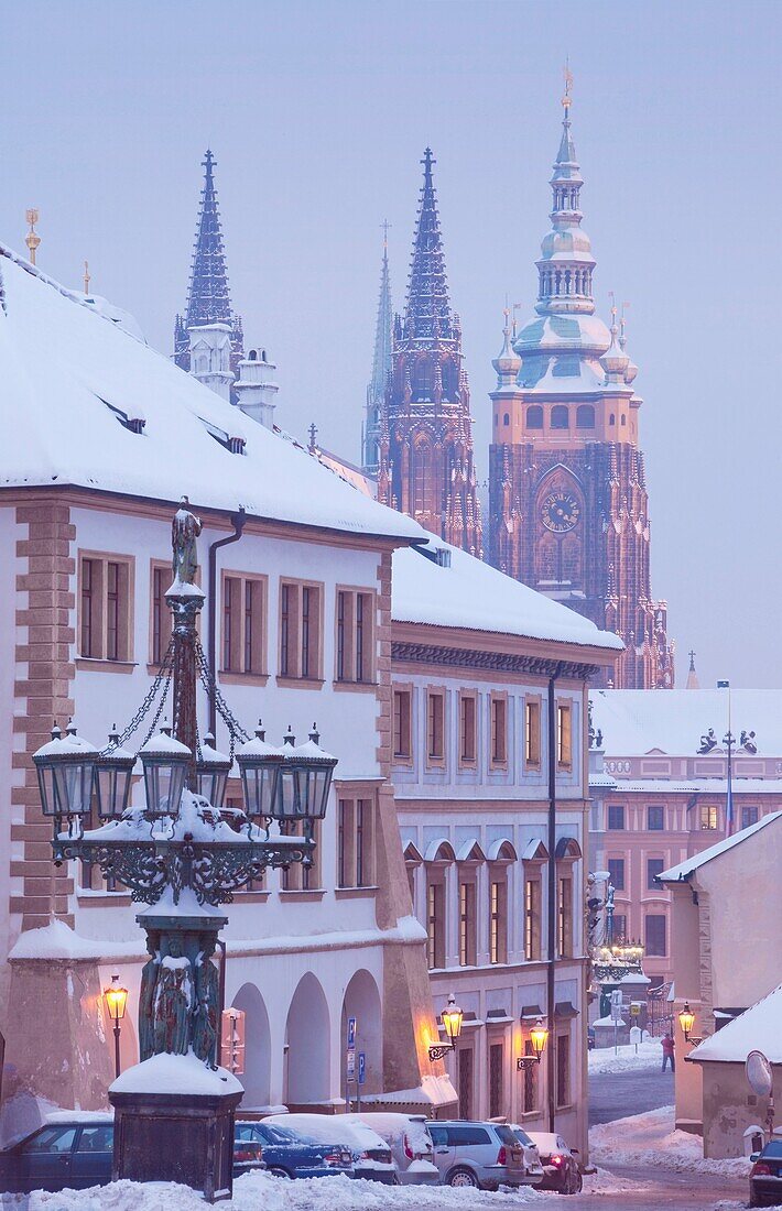 prague - gas lantern and st  vitus cathedral at hradcany castle