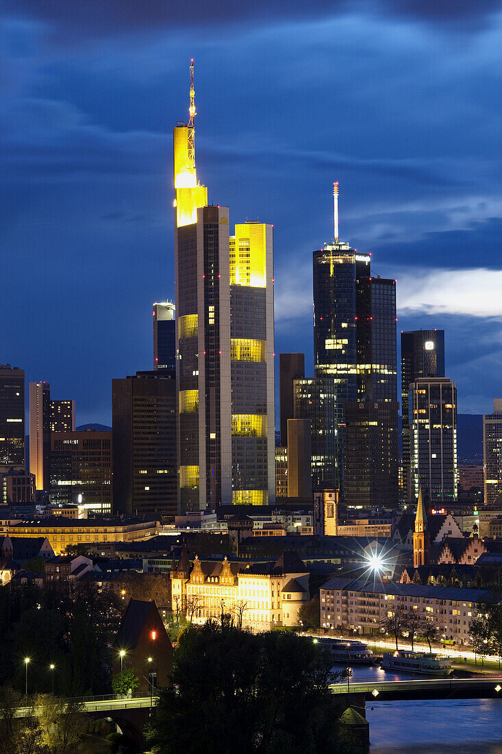 Germany, Hessen, Frankfurt-am-Main, Frankfurt Skyline elevated view from the east, dusk