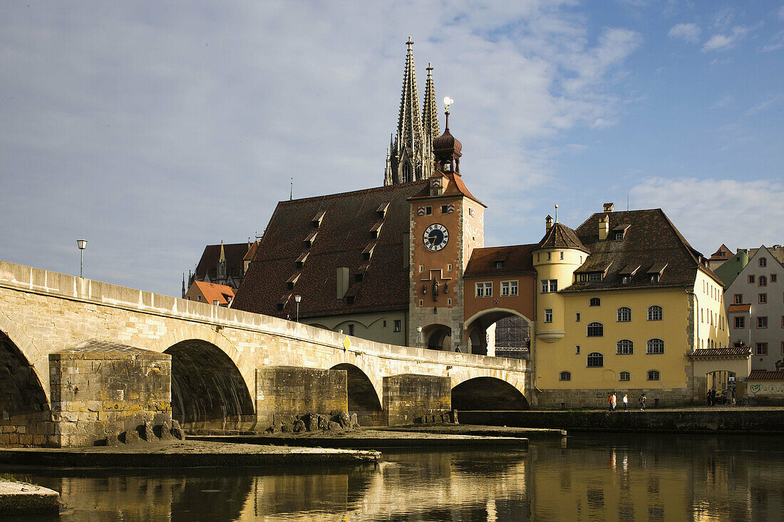 View from Danube River and Steinerne Bridge, Regensburg, Bavaria, Germany