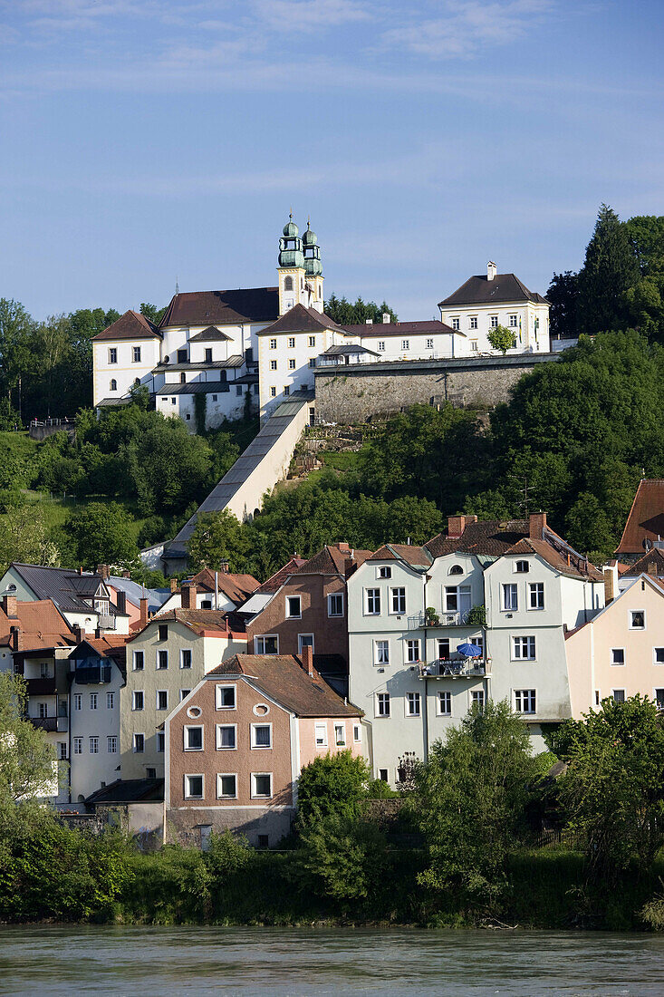 Inn River view of Mariahilf monastery, Passau, Bavaria, Germany