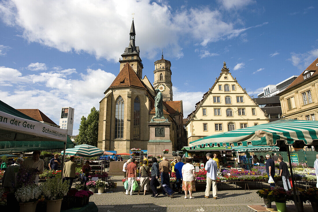 Flower market by the Stiftskirche, Stuttgart, Baden-Wurttemberg, Germany