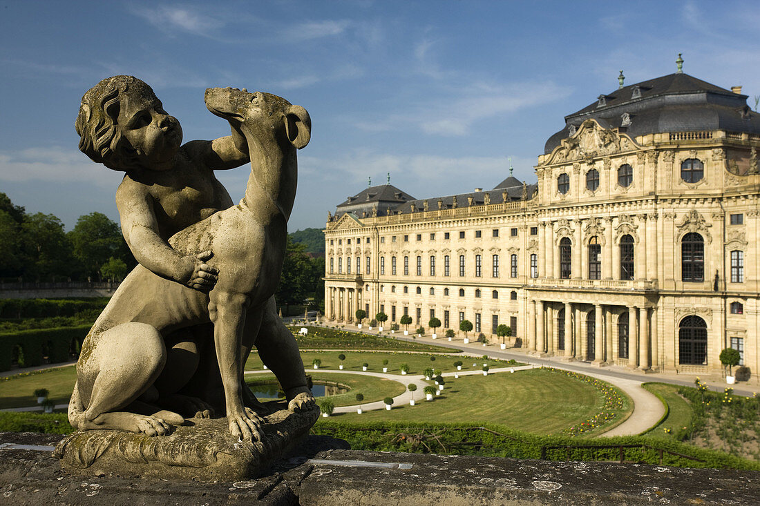 Residenz Palace and cherub with dog statue, Wurzburg, Bavaria, Germany