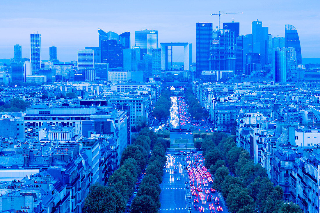 La Defense view from the Arc de Triomphe at dusk, Paris, France