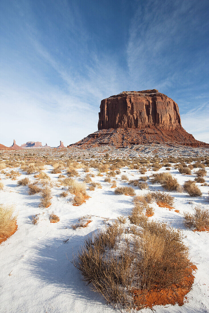 Monument Valley in the snow in the morning, Monument Valley Navajo Tribal Park, Arizona, USA