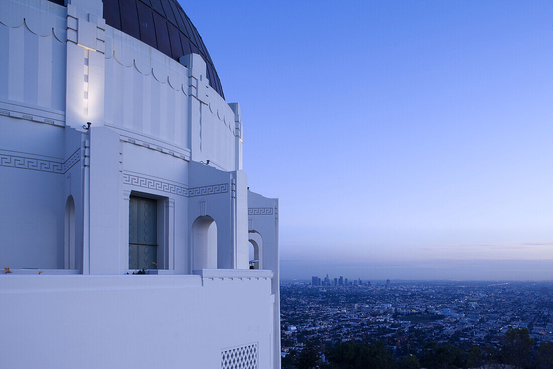 Griffith Park Observatory and downtown at dusk, Los Angeles, California, USA