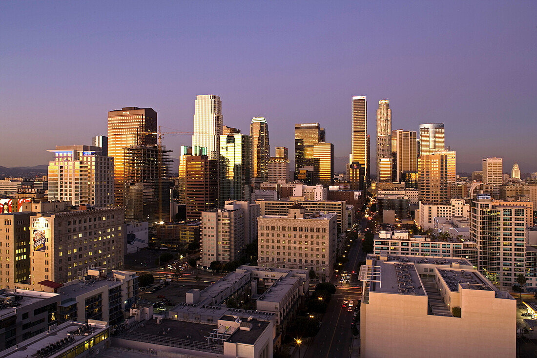 Aerial view of downtown from West 11th Street at dusk, Los Angeles, California, USA