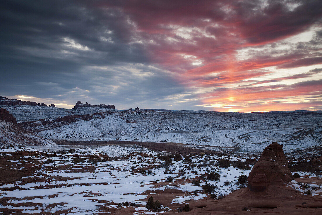 Park sunset from Delicate Arch in winter, Arches National Park, Moab, Utah, USA