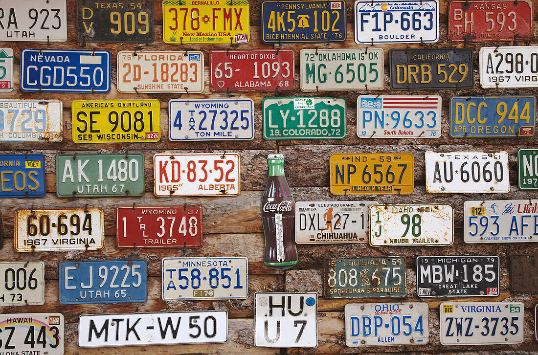 Old license plates, Hole in the Rock tourist shop, Moab, Utah, USA