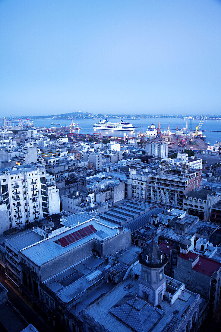 City and port, aerial at dawn, Montevideo, Uruguay