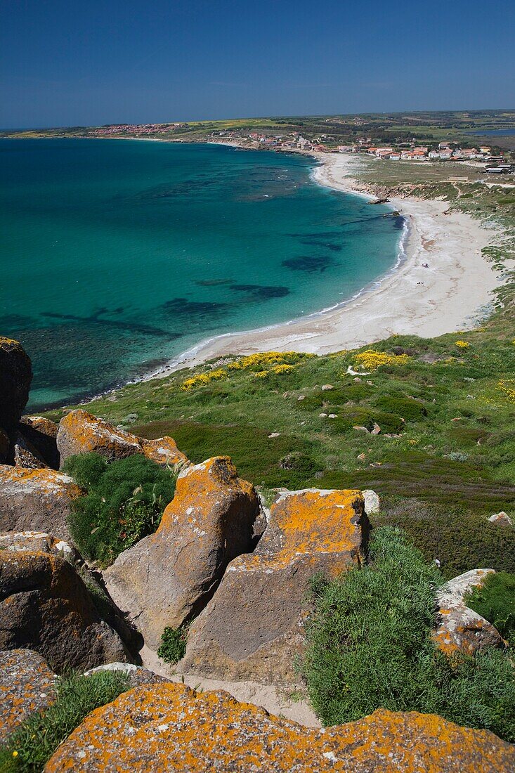 Italy, Sardinia, Oristano Region, Sinis Peninsula, Tharros, ruins of ancient Phoenician city, view from the Spanish Tower