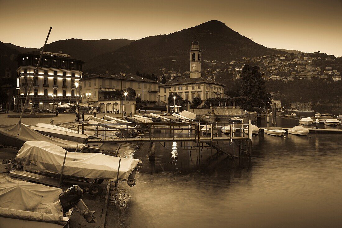 Italy, Lombardy, Lakes Region, Lake Como, Cernobbio, town view from Piazza Risorgimento, evening