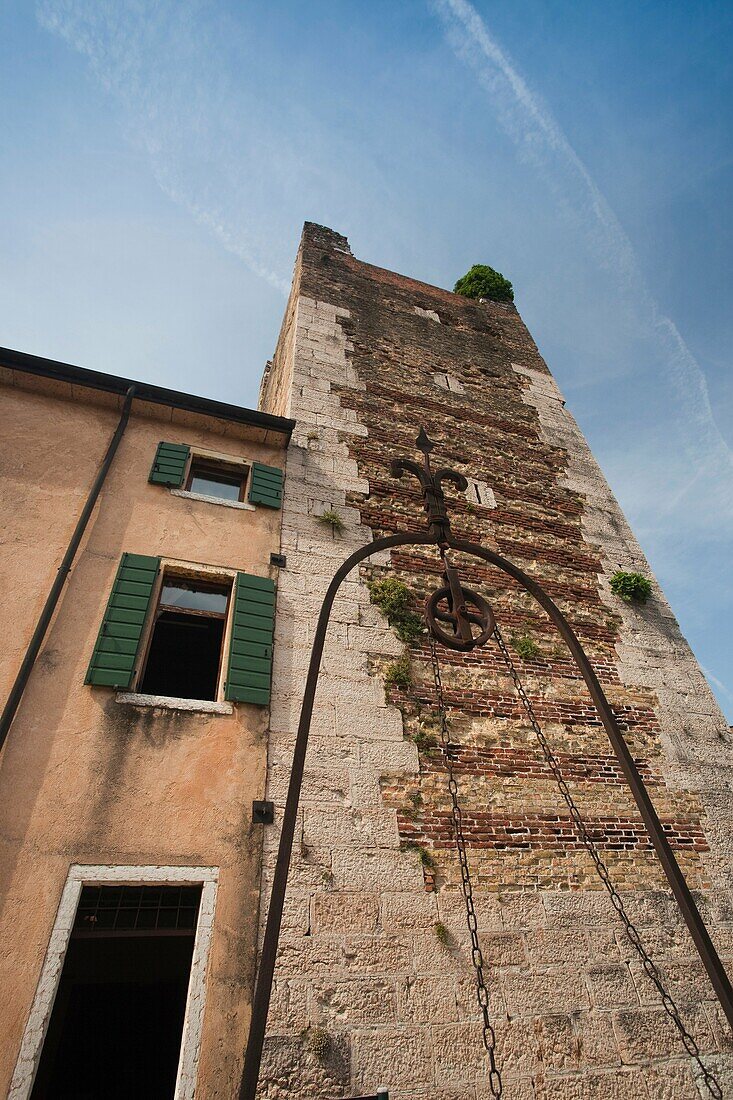 Italy, Veneto, Lake District, Lake Garda, Torri del Benaco, Il Castello Scaligero castle, tower view