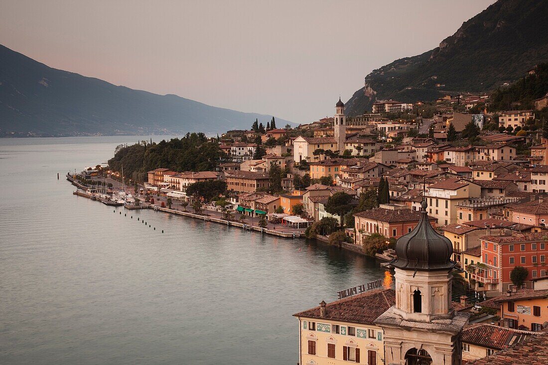 Italy, Lombardy, Lake District, Lake Garda, Limone sul Garda, aerial town view, dawn