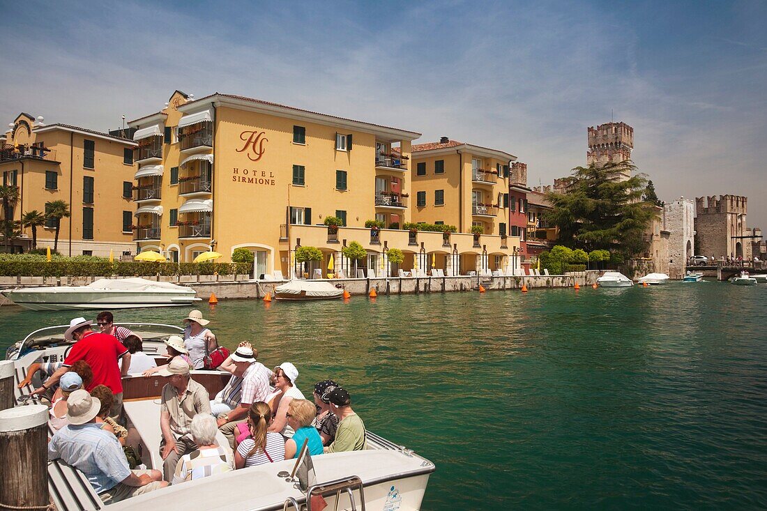 Italy, Lombardy, Lake District, Lake Garda, Sirmione, Hotel Sirmione and water taxi, NR