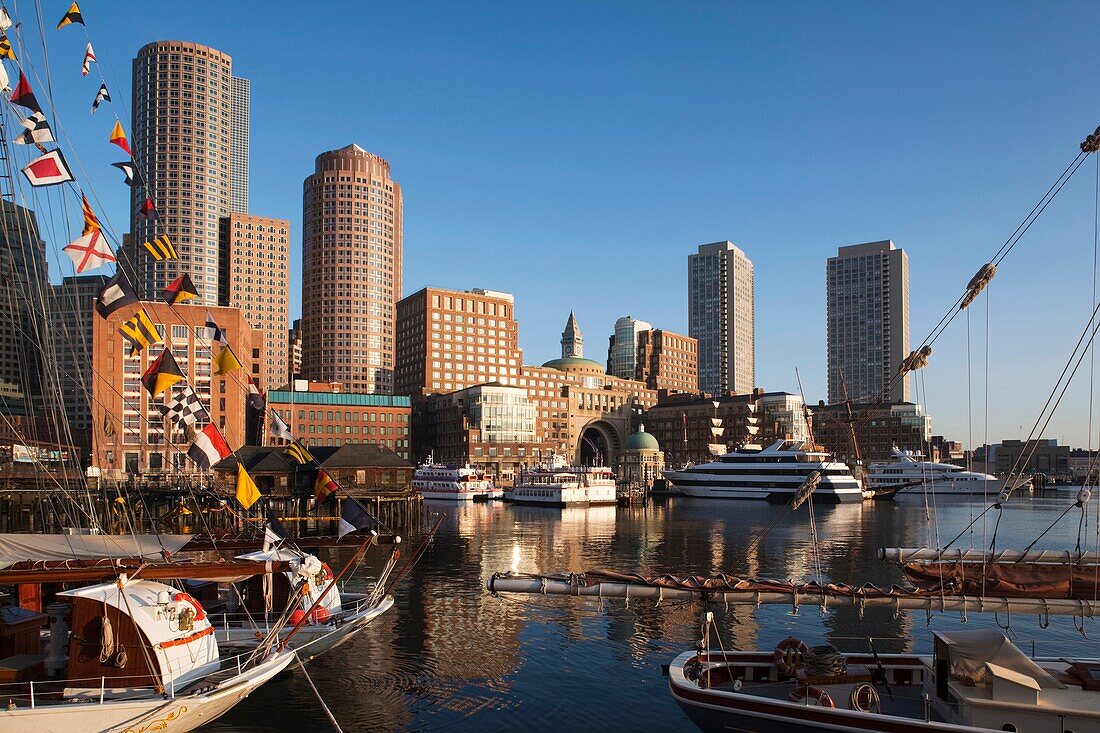 USA,Massachusetts, Boston, Sail Boston Tall Ships Festival, Rowes Wharf from tall ships, morning