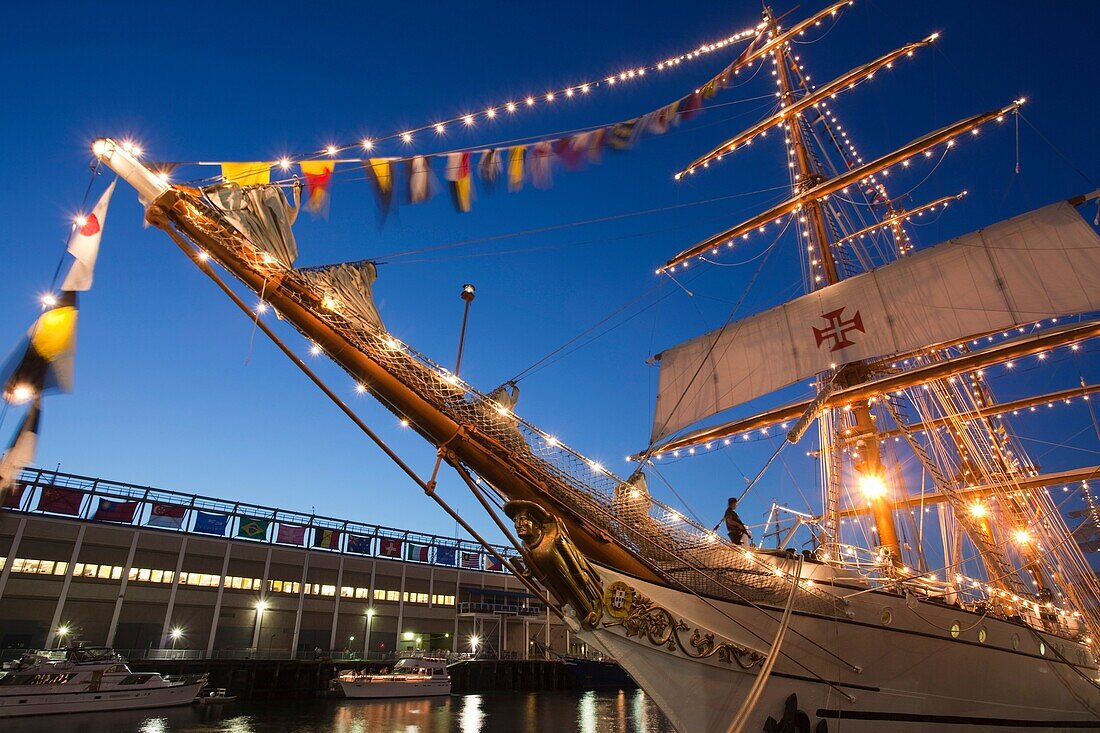 USA,Massachusetts, Boston, Sail Boston Tall Ships Festival, Portuguese tall ship, Sagres II, masts, evening