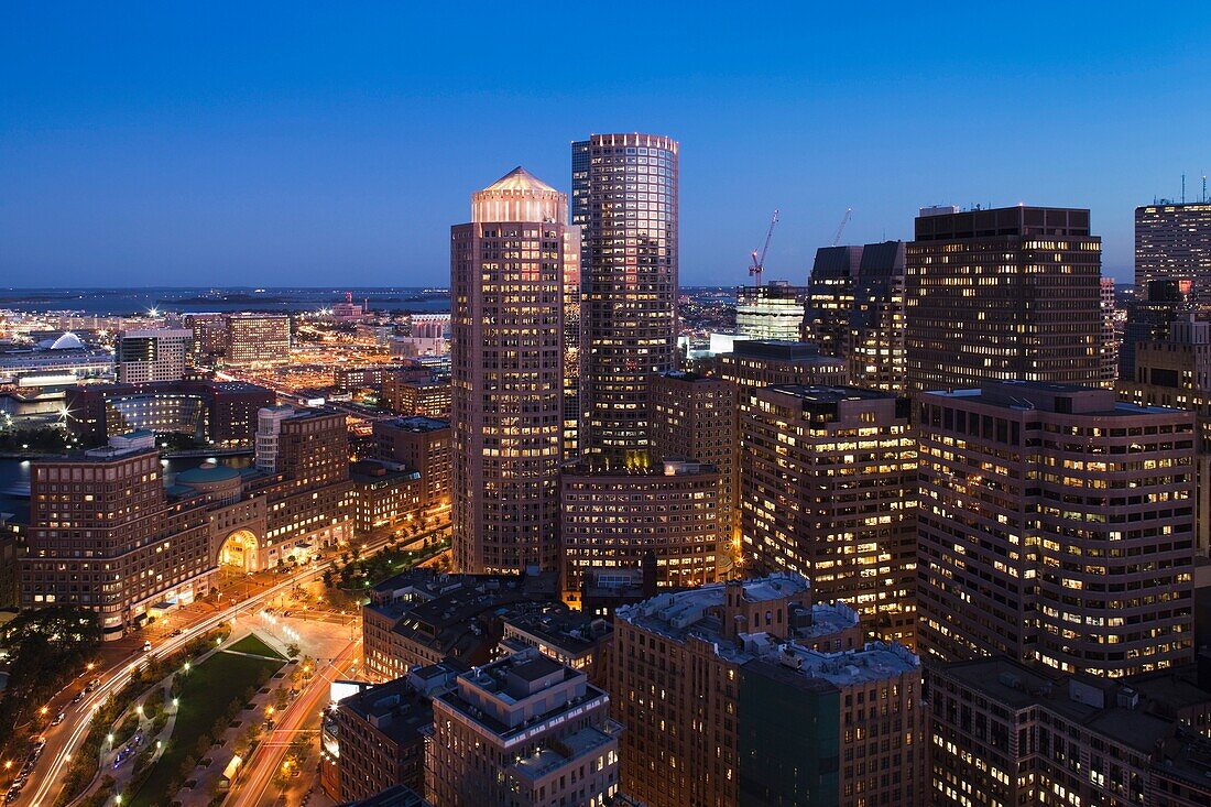 USA, Massachusetts, Boston, Financial District, high angle view from Marriott Customs House Tower Hotel, evening