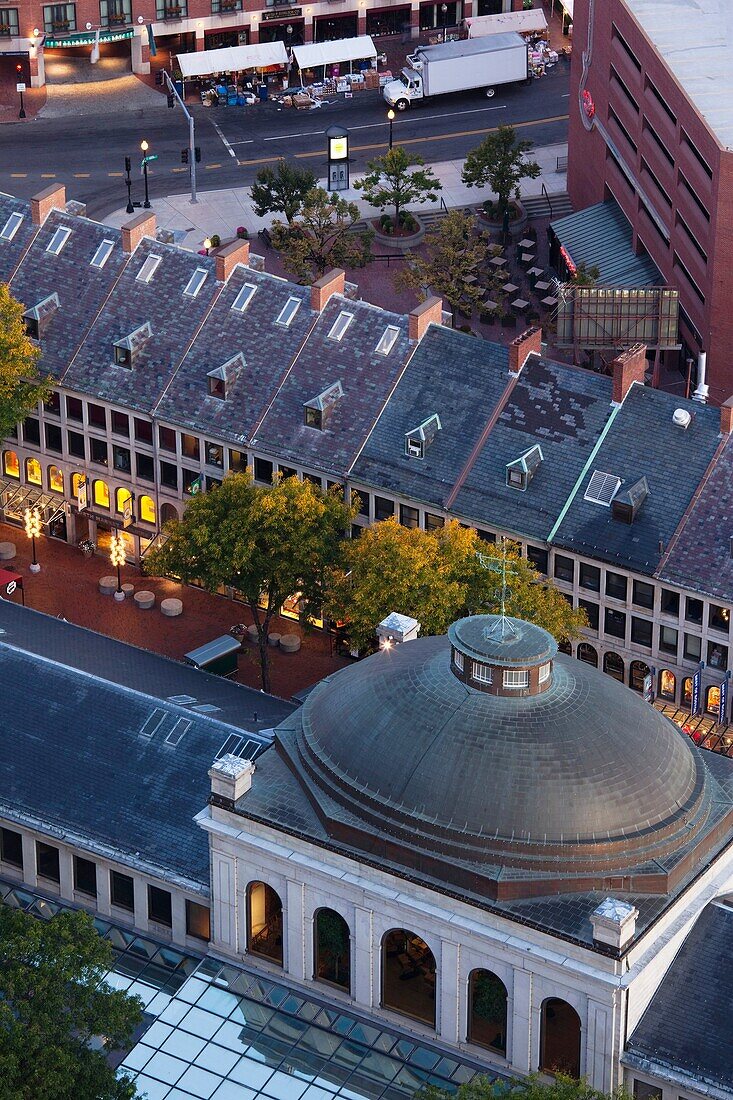 USA, Massachusetts, Boston, Quincy Market buildings, high angle view, dawn