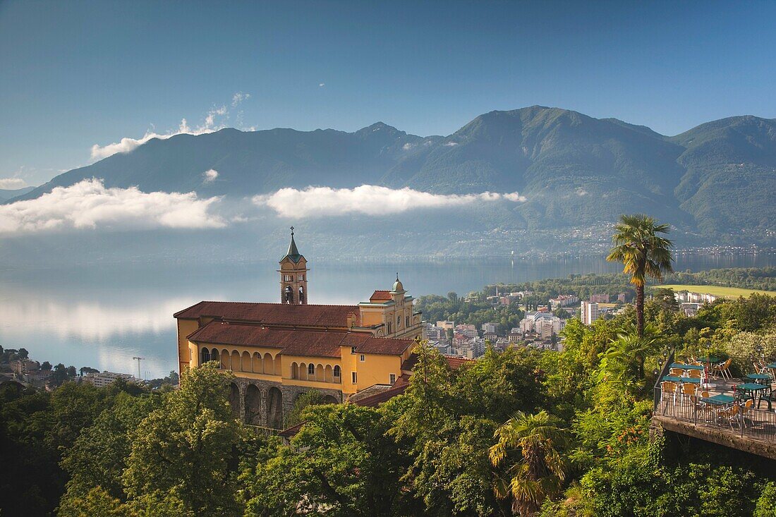 Switzerland, Ticino, Lake Maggiore, Locarno, Madonna del Sasso church, morning