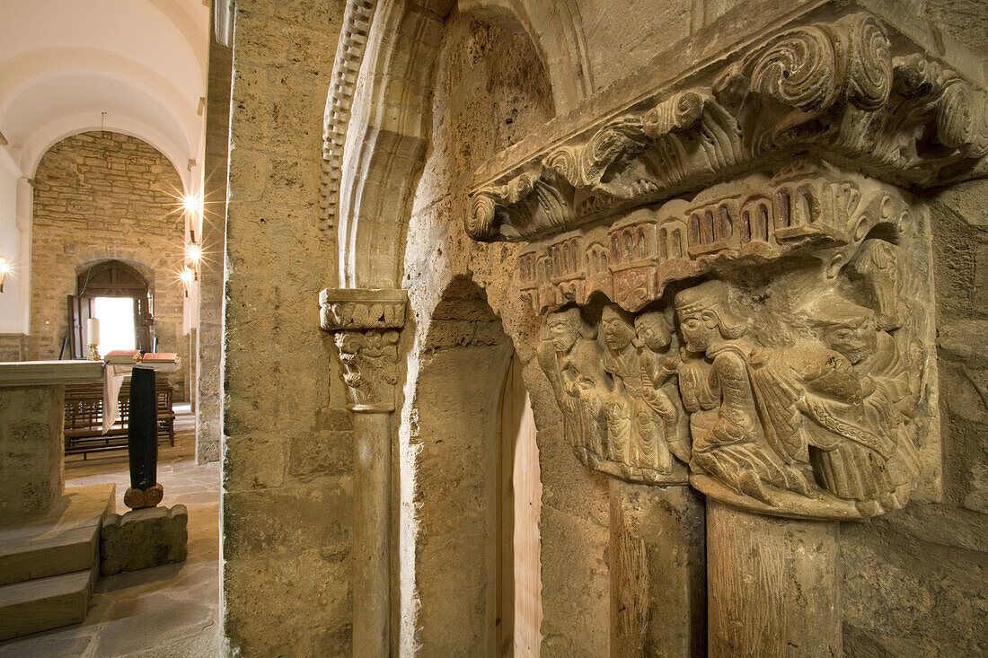 Capital depicting the Adoration of the Magi in Santa Maria la Real church, Piasca, Cabezon de Liebana, valley of Liebana, Picos de Europa National Park, Cantabria, Spain