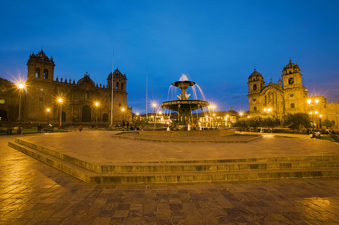 Cathedral and church of the Society of Jesus in Plaza de Armas at night, Cusco, Peru