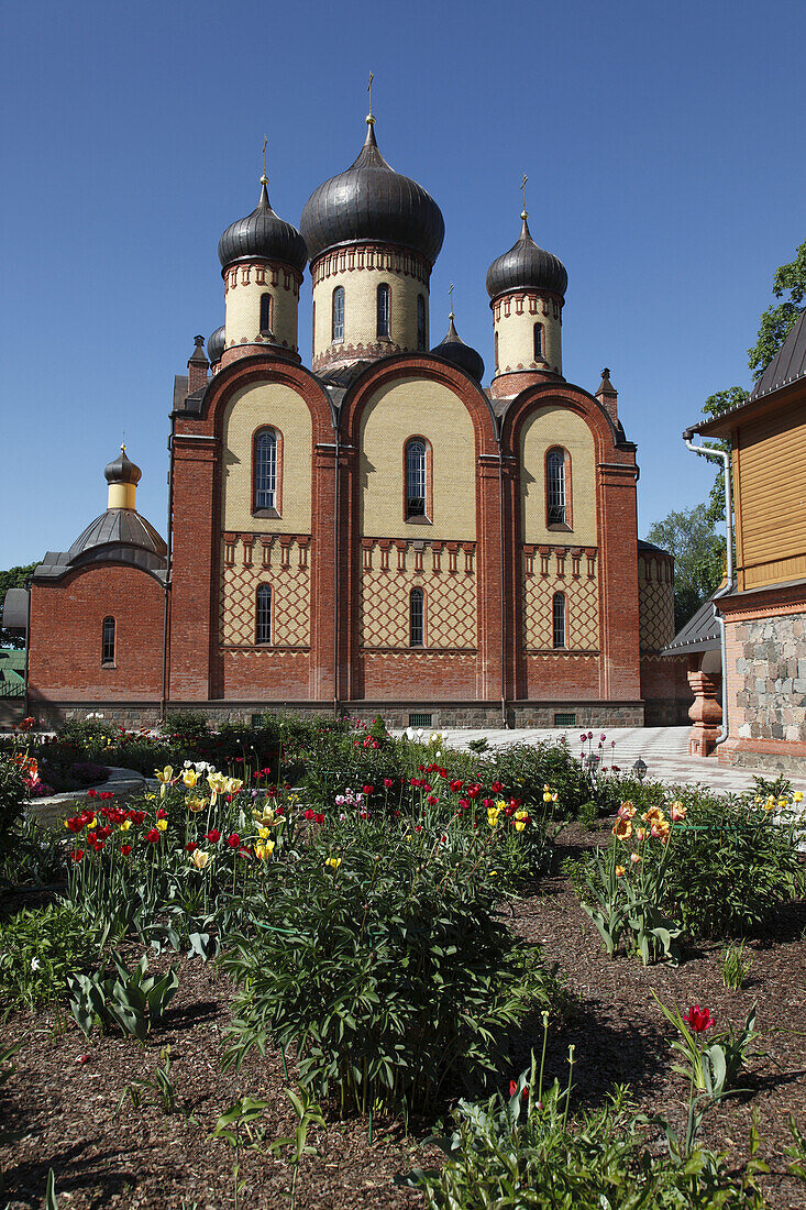 onion domes of russian orthodox monastery Puehtitsa in Northern Estonia, Baltic State, Europe.